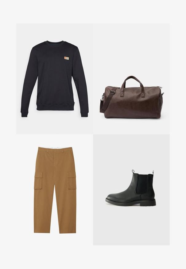Black crew neck sweatshirt with long sleeves, made of soft material. Features a small, colorful logo on the upper left chest.; Brown cargo pants with two side pockets, a flat front, and a straight leg cut. Made from a durable fabric with a smooth texture.; Black leather chelsea boots with elastic side panels, pull tabs, rounded toe, and textured rubber sole. Smooth surface and sturdy design.; Brown synthetic leather duffel bag with dual handles and an adjustable shoulder strap. Features a zip closure and a rectangular base design.