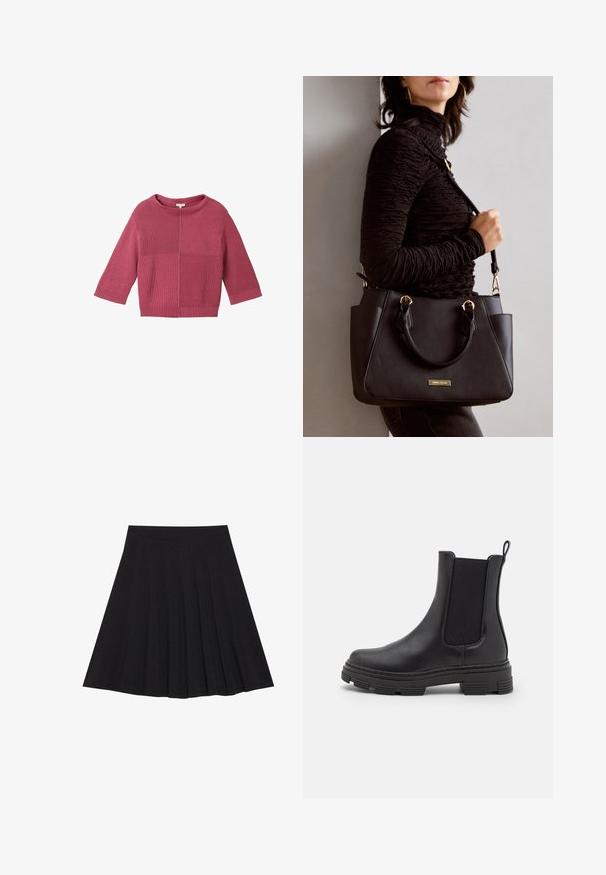 Gerippter pinkfarbener Pullover mit Rundhalsausschnitt, Dreiviertelärmeln und kastigem Schnitt. Weiche Textur und minimale Nähte.; Schwarzer, plissierter Rock aus strukturiertem Stoff mit einem taillierten Bund. Fällt knielang und hat eine glatte, klare Silhouette.; Schwarze Leder-Ankle-Boots mit elastischen Seitenpaneelen, runder Spitze und texturierten Gummisohlen. Verfügt über eine Schlaufe an der Rückseite für ein einfaches Anziehen.; Schwarze Handtasche mit strukturierten Oberflächen, doppelten Obergriffen und verstellbarem Schultergurt. Mit goldfarbener Hardware und Seitentaschen.
