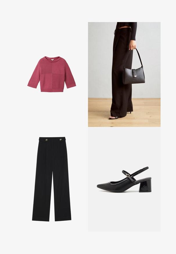 Gerippter pinkfarbener Pullover mit Rundhalsausschnitt, Dreiviertelärmeln und kastigem Schnitt. Weiche Textur und minimale Nähte.; Schwarze weite Hosen mit hoher Taille, Knopfdetails am Bund und vorderen Falten.; Schwarze Lackleder-Slingback-Absätze mit spitzer Zehenform, einem runden Ausschnitt-Design und einem Blockabsatz. Mit einem goldfarbenen Schnallenakzent.; Schwarze Handtasche mit strukturierter Form, glatter Textur und einem metallischen Verschluss. Kombiniert mit weiten schwarzen Hosen und offenen Sandalen auf einem Holzboden.