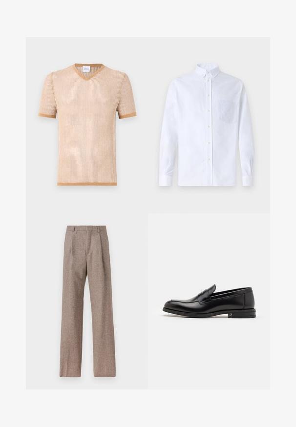 Bež majica s kratkimi rokavi in V-izrezom iz pletene tkanine z rebrasto teksturo in kontrastnim rjavim robom ob ovratniku in rokavih.; Bela dolgo rukava srajca s kragnico, izdelana iz bombaža, z žepom na prsih in toniranimi vezeninami ter gumbi na manšetah.; Rjave hlače z visokim pasom, izdelane iz teksturirane tkanine. Imajo široke noge in dve sprednji pregibi za strukturo. Urejen zaključek brez vidne strojne opreme.; Črne usnjene loafer čevlje z gladko teksturo, zaobljenim nosom in dekorativnim trakom čez zgornji del. Nizka zložena peta, minimalističen dizajn.