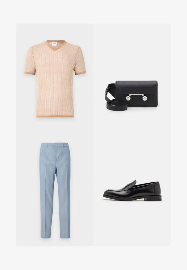 Beige strikket T-shirt med korte ærmer og V-hals, præget af en ribbet tekstur og kontrasterende brun kant langs kraven og ærmerne.; Lyseblå stribede bukser med slim fit, der har verticale striber i hvid. Fremstillet af et glat materiale med en skræddersyet design.; Sorte læderloafers med en glat overflade, rund tå og en dekorativ strop over vampen. Lav hæl med stabeldesign, minimalistisk stil.; Sort læder crossover taske med klaplukning, sølvfarvet hardware og to runde accenter. Har en aftagelig rem. Glat tekstur.