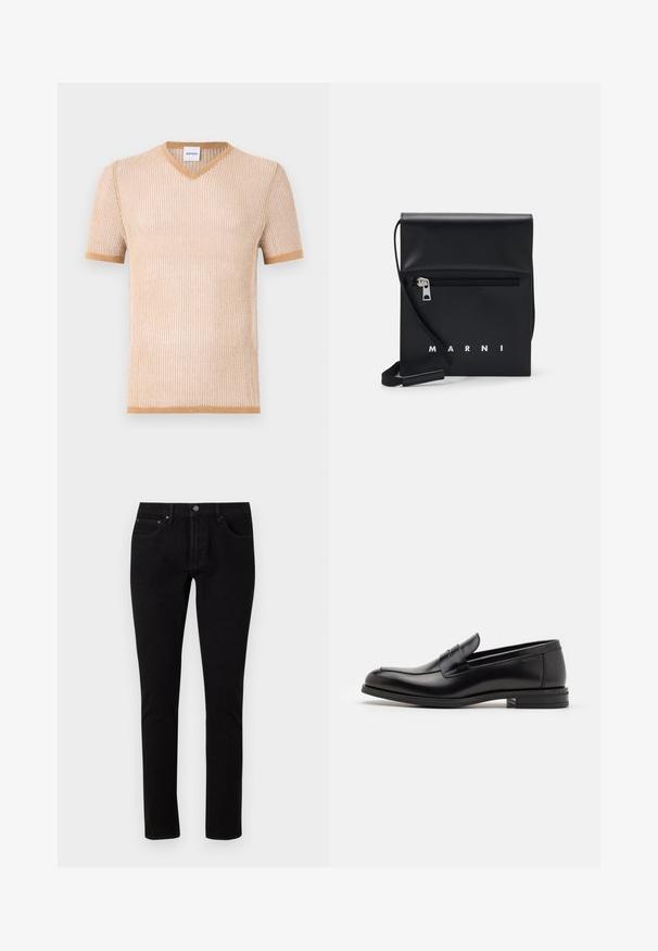 Šviesiai smėlinė megzta trumpomis rankovėmis V formos iškirpės marškinėliai su susigūžusiu paviršiumi ir kontrastine ruda juostele aplink apykaklę ir rankoves.; Juodi džinsai su lieknu siluetu, turintys standartinį juosmenį, penkias kišenes ir metalinius akcentus. Lygus, šiek tiek tamprus audinys.; Juodos odinės loafers, turinčios lygų paviršių, apvalią noselę ir dekoratyvinę juostą per priekinę dalį. Žemas krentantis kulnas, minimalistinis dizainas.; Juodas odinis per petį nešiojamas krepšys su užtrauktuku ant priekio, iškilminiu logotipu ir reguliuojama juosta. Lygi tekstūra su struktūrizuota forma.