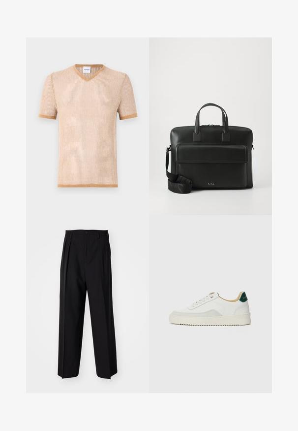 Bežové pletené tričko s krátkym rukávom a výstrihom do V, s rebrovanou textúrou a kontrastnými hnedými lemy pozdĺž goliera a rukávov.; Čierne skladané nohavice s rovnom, širokým strihom. Vyrobené z hladkého materiálu, s gombíkovým zapínaním a pútkami na opasok.; Biele tenisky s semišovými akcentmi, zaoblenou špičkou, plochými šnúrkami a krémovou gumovou podrážkou. Na päte sú zelené značky.; Čierna kožená aktovka s dvoma hornými rúčkami, predným vreckom a odnímateľným popruhom, s diskrétnym logom na spodnej časti.