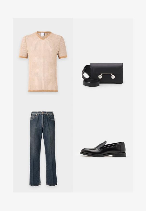 Beige adīti īsu piedurkņu V-veida kakla T-krekls ar ribota tekstūra un kontrastējošu brūnu apdari ap kaklu un piedurknēm.; Tumši zili taisni džinsi ar priekšējo pogu, rāvējslēdzēju, dubultajām priekšējām kabatām un redzamām vertikālām krokām pa kājām.; Melnas ādas kurpes ar gludu tekstūru, noapaļu purngalu un dekoratīvu siksniņu pāri priekšpusei. Zems sakrauts papēdis, minimālisma dizains.; Melna ādas crossbody soma ar atloku aizdari, sudraba toņu aparatūru un divām apaļām detaļām. Iespējams noņemt siksnu. Gluda tekstūra.