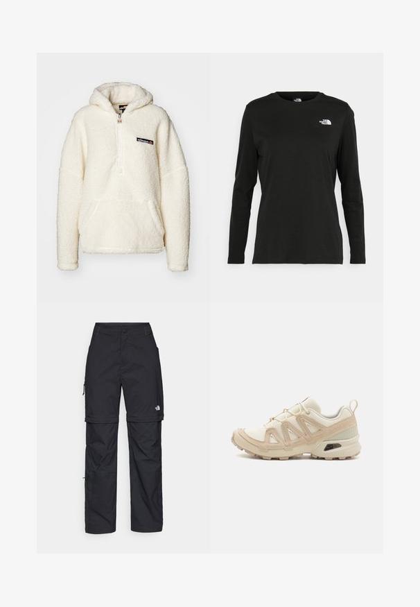 Ellesse ZEPPY - Felpa con cappuccio - off white; T-shirt nera a maniche lunghe in cotone con colletto rotondo. Presenta un piccolo logo bianco sul lato sinistro del petto. Design semplice e vestibilità comoda.; Pantaloni cargo in nylon nero con zip rimovibile, polsini regolabili, molteplici tasche e un logo sulla gamba destra. Tessuto liscio e leggero.; Scarpa atletica beige e crema con tomaia in mesh testurizzato, sovrapposizioni supportive e suola in gomma con un motivo a tasselli per la trazione.