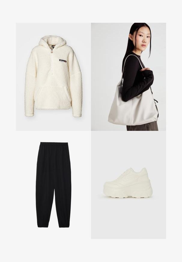 Ellesse ZEPPY - Hoodie - off white; Zwarte, lichte broek met een elastische tailleband en gathered enkels. De stof is glad en heeft een ontspannen, taps toelopend ontwerp.; Witte platform sneakers met een gladde leren bovenkant, afgeronde vorm, gewatteerde kraag en een gestructureerde rubberen zool met duidelijke profiel.; Beige handtas gemaakt van zacht materiaal, met een slonzig ontwerp, gestikte details en twee schouderbanden. Geschikt voor dagelijks gebruik.