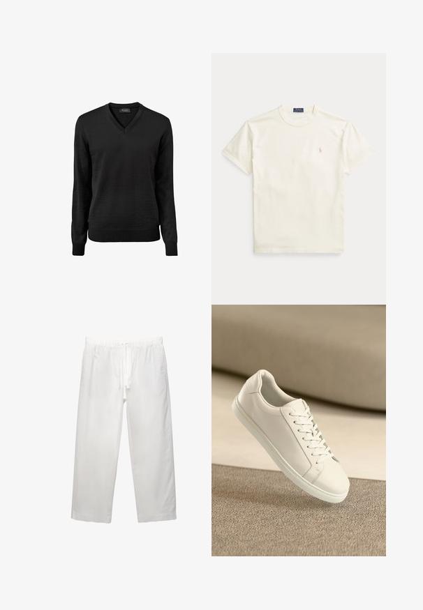 Maglione nero a V in materiale morbido a maglia, con maniche lunghe e polsini e orlo a coste per un look aderente.; T-shirt in cotone color crema con maniche corte. Presenta un logo ricamato sottile sul petto a sinistra e una scollatura rotonda.; Pantaloni bianchi in lino con cintura elastica e cordoncino, design a gamba ampia e cuciture pulite. Texture liscia con vestibilità casual.; Sneaker bianco in pelle con lacci bianchi, esposto su una superficie beige texture e uno sfondo sfocato morbido.