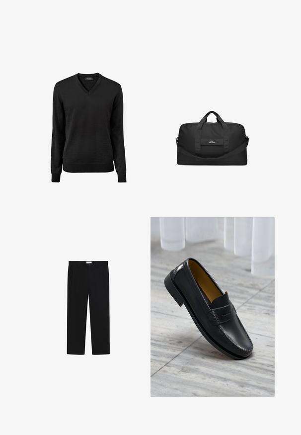 Zwarte V-hals trui van zacht gebreid materiaal, met lange mouwen en geribde boorden en zoom voor een strakke pasvorm.; Zwarte broek met een rechte pijp, voorzakken en een knoopsluiting. Gemaakt van een gladde stof met een elegante afwerking.; Zwarte leren instappers met een gladde afwerking, voorzien van decoratieve stiksels en een verhoogde accent op de voorkant, tegen een marmeren oppervlak.; Zwarte sporttas gemaakt van duurzaam materiaal, voorzien van twee handvatten aan de bovenkant, een afneembare schouderriem en een voorkantzak met merkopdruk.