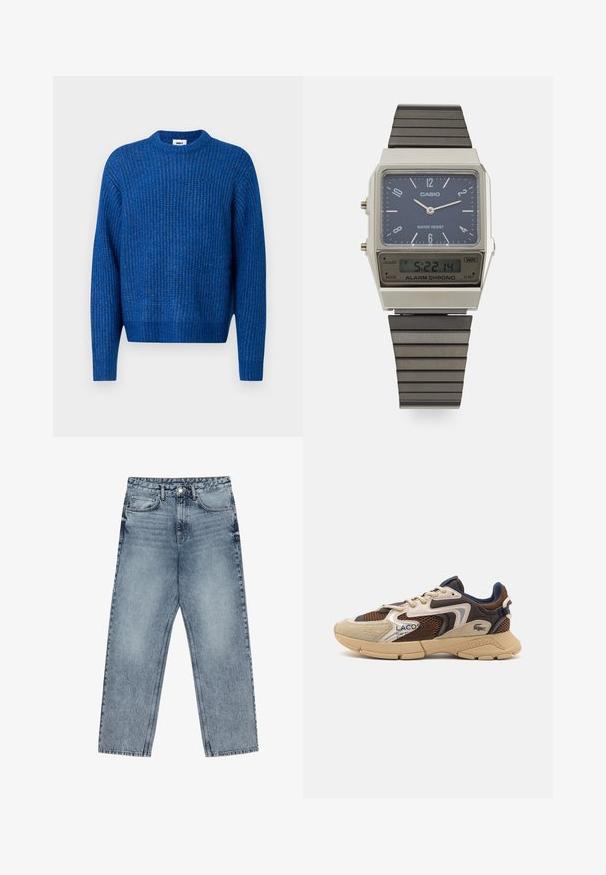 Blå strikkegenser med ribbestruktur, rund hals og lange ermer. Har en diskret logo og en avslappet passform.; Lys blå denimjeans med rett benkutt, synlige sømmer, fem lommers design og knappelukking i livet.; Beige og brun sneaker med teksturerte mesh-paneler, semsket skinndetaljer, og gummisåle. Har snøring og merkeinformasjon.; Casio digital klokke med blå urskive, sølvfarget kasse og lagdelt svart gummirem. Viser tid og alarminnstillinger. Vanntett.