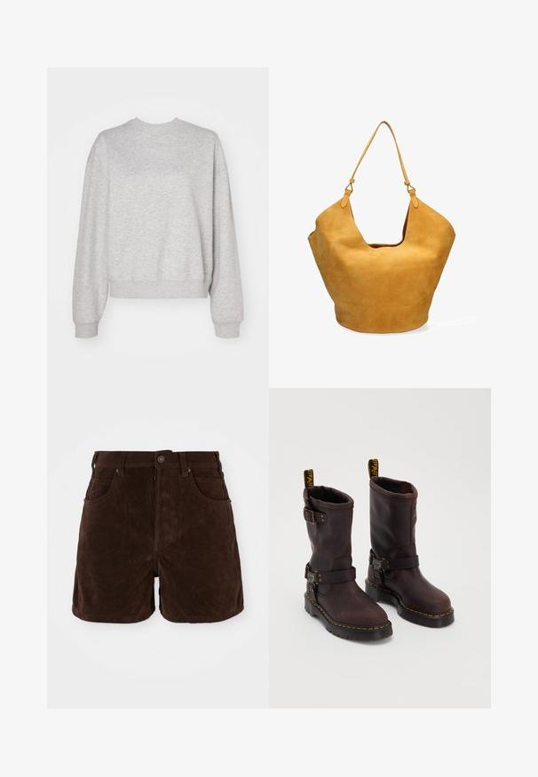 Hellgrauer Sweatshirt mit klassischem Rundhalsausschnitt, angeschnittenen Schultern und gerippten Bündchen und Saum. Weicher Stoff und lockere Passform.; Braune Wildleder-Shorts mit hoher Taille, Knopfverschluss und vier Taschen. Glatte Textur und gerader Schnitt mit klaren Linien.; Braune Lederstiefel mit einem Design bis zur Mitte des Wadens, ausgestattet mit einem Riemen und einer Schnalle, einer dicken schwarzen Sohle und gelben Nähakzenten.; Senfgelbe Wildleder-Tote mit weit öffnendem Design, gebogenen oberen Kanten und einem einzigen Tragegurt. Weiche Textur mit glatter Oberfläche.