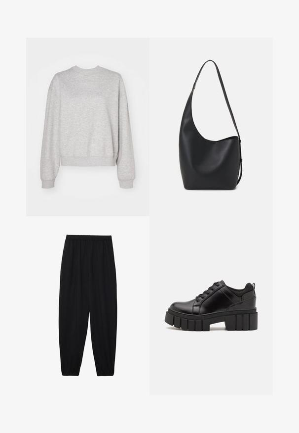 Hanorac gri deschis cu guler clasic tip crew, umeri lăsați și manșete și tiv din bumbac. Textură moale și croi lejer.; Pantaloni negri, ușori, cu un brâu elastic și tivuri strânse. Materialul este neted și are un design relaxat, conic.; Pantofi cu talpă plată din piele neagră, cu toc gros, vârf rotund și design tradițional cu șireturi. Prezintă o textură netedă și detalii minime.; Geantă hobo din piele neagră, cu o textură netedă, formă curbată și un singur bretele ajustabil; are o deschidere largă în partea de sus.