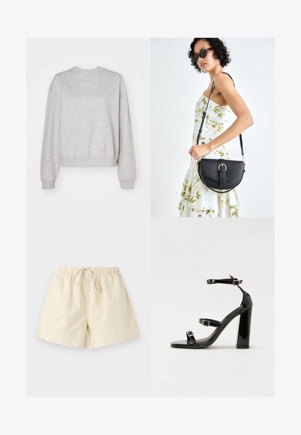 Light gray sweatshirt with a classic crew neck, dropped shoulders, and ribbed cuffs and hem. Soft texture and relaxed fit.; Beige elastic waistband shorts with a drawstring tie, featuring a relaxed fit and smooth texture. No visible pockets or patterns.; Black patent heeled sandals with a square toe, ankle straps, and silver buckles. Features a chunky block heel for stability.; Black leather handbag with a curved shape, detachable strap, and gold hardware. The bag features a flap with a buckle detail.