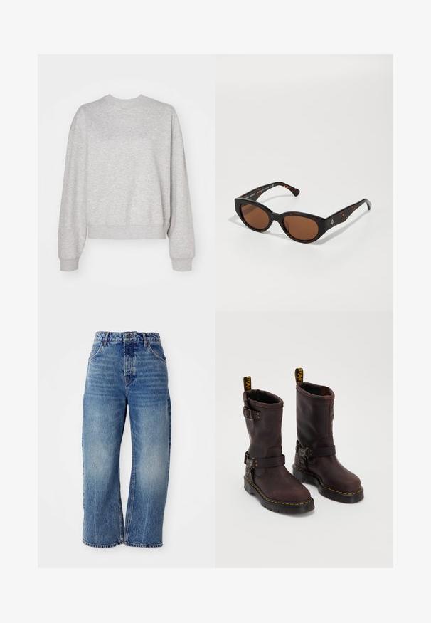Světle šedá mikina s klasickým kulatým výstřihem, kleslými rameny a žebrovanými manžetami a spodním lemem. Měkká textura a volný střih.; Free People DEEP TRANCE DROPPED - Džíny Relaxed Fit - blue denim; Hnědé kožené boty s designem do poloviny lýtek, se strapcem a přezkou, silnou černou podrážkou a žlutými švy.; Černé želvovinové sluneční brýle s hnědými skly, ostrý design a široké strany s decentním logem. Hladký plastový povrch.