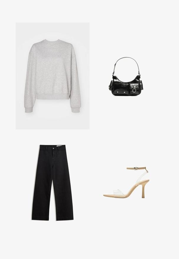 Sweatshirt gris clair avec un col rond classique, des épaules tombantes et des poignets et un ourlet côtelés. Texture douce et coupe décontractée.; Pantalon en denim noir à jambes larges avec une taille haute, comprenant des poches avant et arrière, des coutures piquées et une fermeture à bouton. Texture lisse.; Sandale à talon transparent avec un supérieur transparent, semelle beige et une fine bride de cheville. Dispose d'un bout pointu et d'un fin talon haut.; Sac à main en cuir verni noir avec une forme incurvée, une bandoulière, des poches avant et des accents en métal argenté.