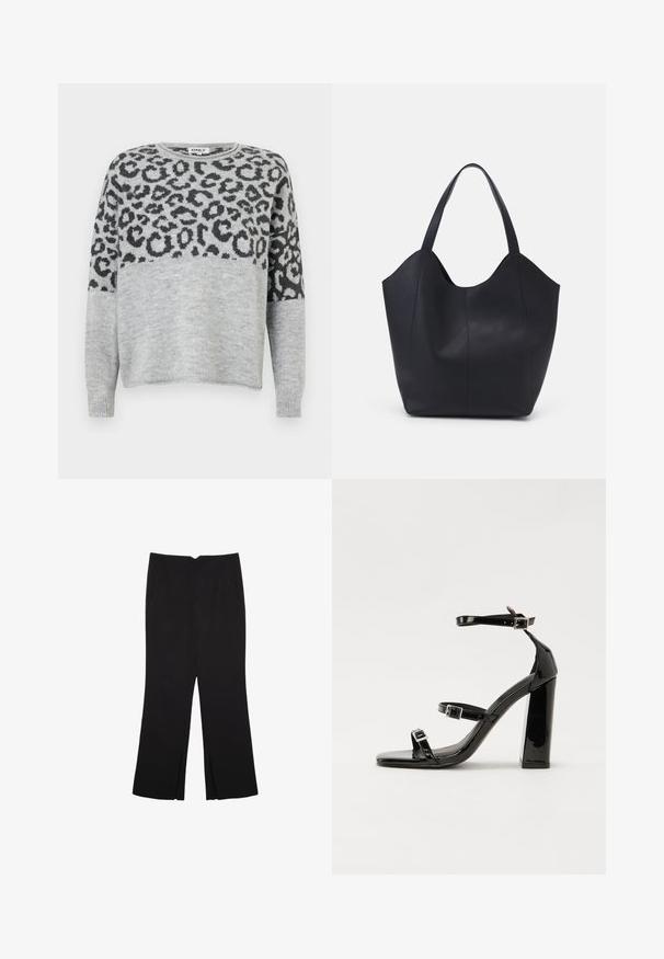Szary sweter z nadrukiem w leopardzie w ciemnoszarym kolorze. Posiada okrągły dekolt i długie rękawy, wykonany z miękkiego, teksturowanego materiału.; Czarne spodnie o prostym kroju, z przednimi kieszeniami i bocznymi rozcięciami na dole. Wykonane z miękkiego, gładkiego materiału. Odpowiednie na różne okazje.; Czarne lakierowane sandały na obcasie z kwadratowym noskiem, z paskami wokół kostki i srebrnymi klamrami. Posiadają masywny słupek dla stabilności.; Czarna torba na ramię wykonana z gładkiej skóry, z zaokrąglonym, otwartym topem i dwoma paskami na ramię oraz minimalistycznym designem.