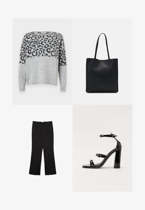 Maglione grigio con un design a stampa leopardata in grigio scuro. Caratterizzato da un collo tondo e maniche lunghe, realizzato in un materiale morbido e texturizzato.; Pantaloni neri a gamba dritta, con tasche frontali e spacchi laterali all'orlo. Realizzati in tessuto morbido e liscio. Adatti a diverse occasioni.; Sandali con tacco in vernice nera, con punta squadrata, cinturini alla caviglia e fibbie in argento. Presentano un tacco a blocco spesso per maggiore stabilità.; Borsa tote in pelle nera con texture liscia, forma rettangolare e due manici lunghi. Nessun hardware o decorazione visibile.