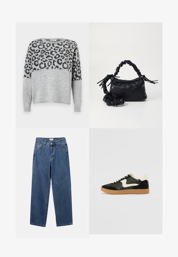 Grijze trui met een panterprintontwerp in donkergrijs. Heeft een ronde halslijn en lange mouwen, gemaakt van een zachte, gestructureerde stof.; Klassieke blauwe denim jeans met een rechte pijp, vijf zakken en een knoopsluiting. Heeft een middelgrote wasbeurt en stevige textuur.; Zwarte suède en leren sneaker met een crèmekleurige zij-swoosh en lichte crèmekleurige hiel. Voorzien van beige veters en een gumrubberen zool.; Zwarte nepleer handtas met een krokodillenstructuur, opgedroogde bovenkant en een gekreukte hengsel. Het lijkt zacht en compact van ontwerp.