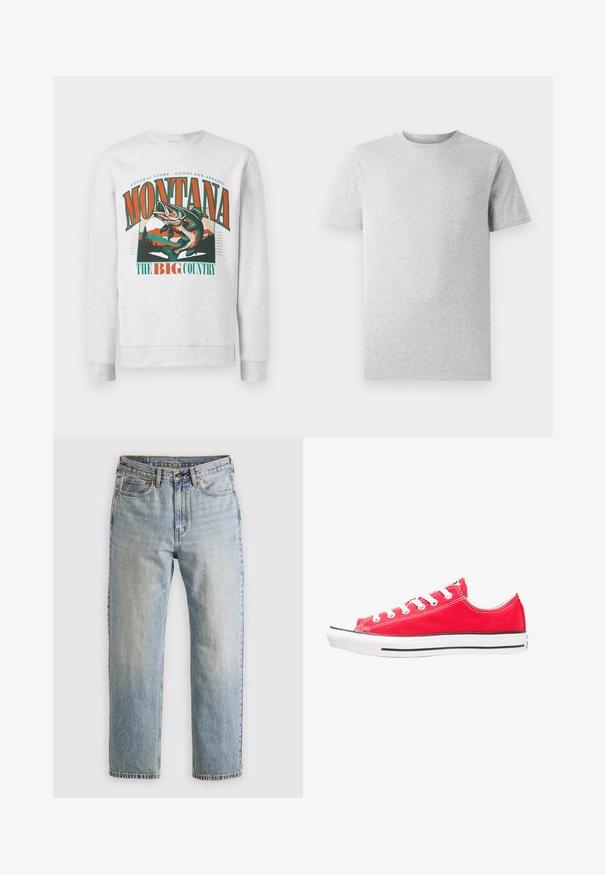 Hanorac gri deschis cu un grafic mare reprezentând un pește sărind, munți și copaci, cu textul "Montana The Big Country" în portocaliu și verde.; Tricou scurt cu mânecă, de un gri deschis, expus pe un fundal alb, văzut din față, fără logo-uri sau desene vizibile.; Jeans din denim de culoare albastru deschis, cu talie înaltă, nasture frontal, fermoar și design cu cinci buzunare, așezate platesc pe un fundal neutru.; Tenisă roșie din pânză cu vârf și talpă din cauciuc alb. Dispune de cinci perechi de gauri albe pentru șireturi, o dungă neagră pe lateral și o suprafață texturată.