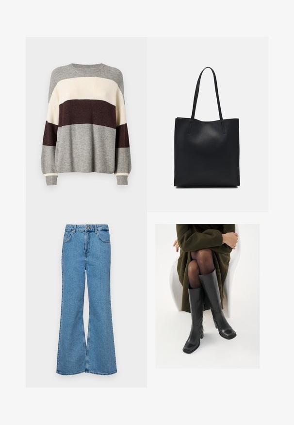 Suéter de malha em cinza, creme e riscas burgundy. Apresenta textura canelada, gola redonda e mangas longas com detalhes nos punhos.; Jeans de brim azuis claros, com corte à boca de sino, apresentando uma cintura alta, cinco bolsos e um fecho de botão único. Textura macia com acabamento desbotado.; Botas de couro pretas até ao joelho com biqueira quadrada e salto em bloco, apresentadas com um modelo sentado num casaco verde-azeitona. Textura lisa, com detalhes mínimos.; Bolsa tote preta em couro com textura lisa, forma retangular e duas alças longas. Sem hardware ou enfeites visíveis.