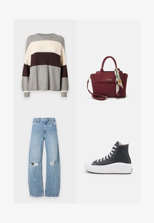 Strikket genser i grå, kremfarge og burgunder striper. Har ribbet tekstur, rund hals, og lange ermer med mansjett detaljer.; Lyseblå høytlivsjeans laget av denim. Har vide bein, to revne knær og klassisk fem-lommers design.; Sorte høye sneakers med hvite snører og gummisåle. Har en glatt lærtekstur og hvite søm detaljer.; Burgunderfarget håndveske laget av syntetisk materiale med en strukturert design, som har en avtagbar stropp og et blomstermønstret skjerf knyttet til håndtaket.