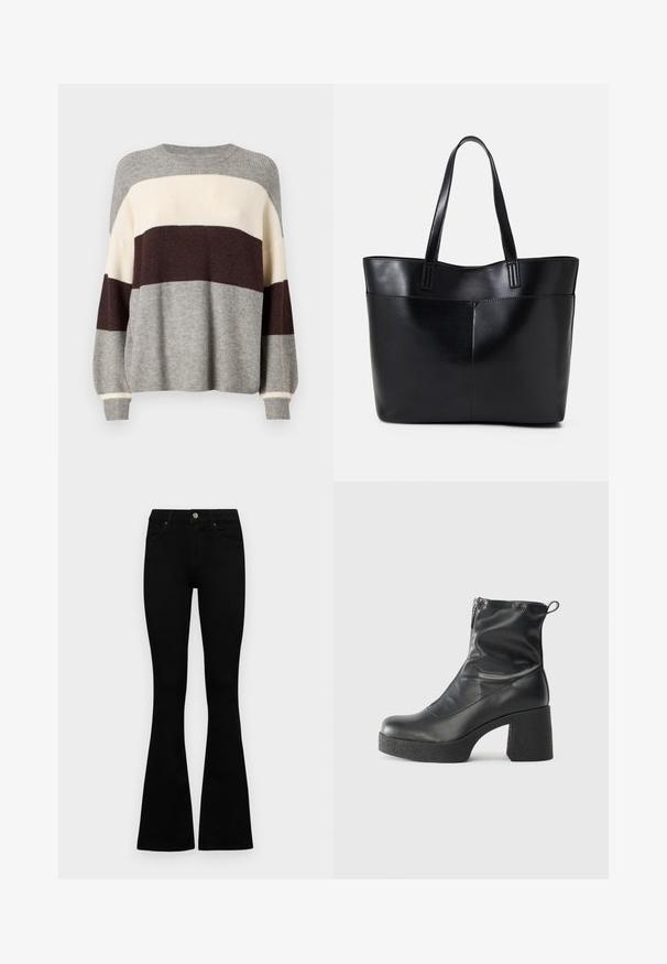 Strikket genser i grå, kremfarge og burgunder striper. Har ribbet tekstur, rund hals, og lange ermer med mansjett detaljer.; Sorte høytlivsjeans med knapp og glidelås, frontlommer og utsvingte bein liggende flatt på en hvit bakgrunn.; Svarte ankelstøvler laget av glatt lær, med glidelås på siden, chunky strukturert hæl, og rund tå-design.; Svart lær toteveske med to lange håndtak, en glatt tekstur og en strukturert form. Har en frontlomme for ekstra oppbevaring.