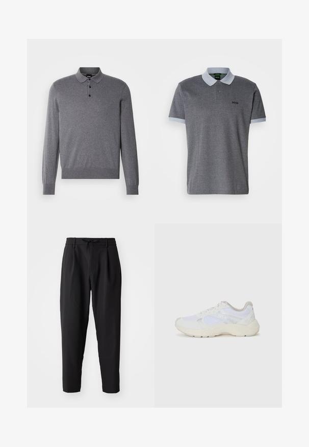 Grå långärmad polo skjorta i mjukt tyg, med krage, treknappslå och ribbad mudd och nederkant.; Grå pikétröja med mönstrad textur, ljusblå krage och ärmslut. Har knäppning framtill och broderad logotyp på vänster bröst.; Svarta tapered byxor med elastisk midja och dragsko. Slätt tyg med en lätt struktur, med veck och sidfickor.; Vitaidrottsskor i mesh och mocka med en strukturerad mellansula, texturerade accenter och "HUGO"-logotypen på sidan.
