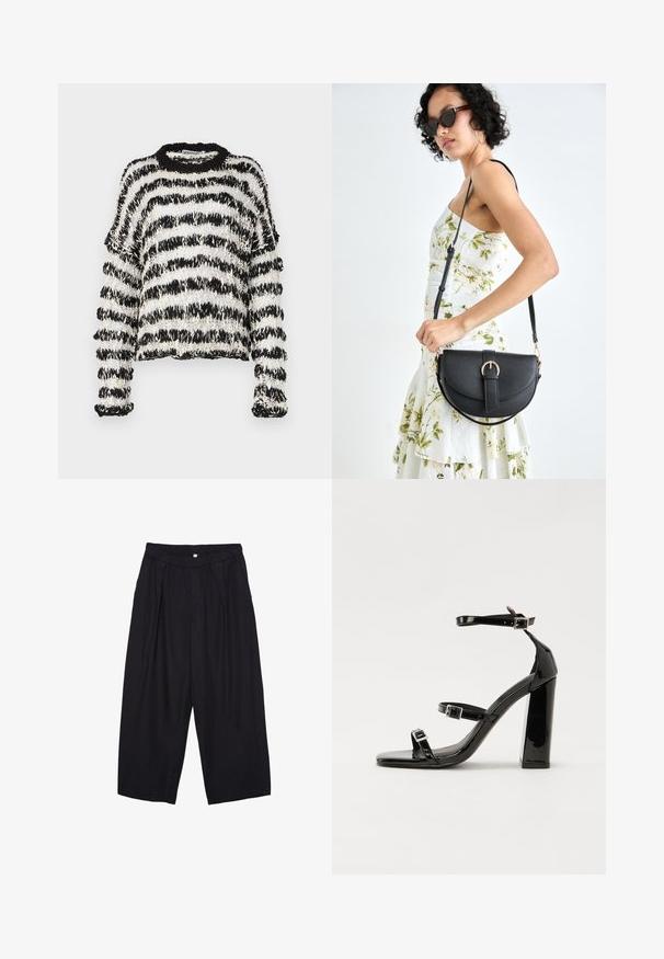 The Ragged Priest Jumper - black/white; Black polyester culotte pants with an elastic waistband, two front pleats, and a loose silhouette. No visible patterns or hardware details.; Black patent heeled sandals with a square toe, ankle straps, and silver buckles. Features a chunky block heel for stability.; Black leather handbag with a curved shape, detachable strap, and gold hardware. The bag features a flap with a buckle detail.