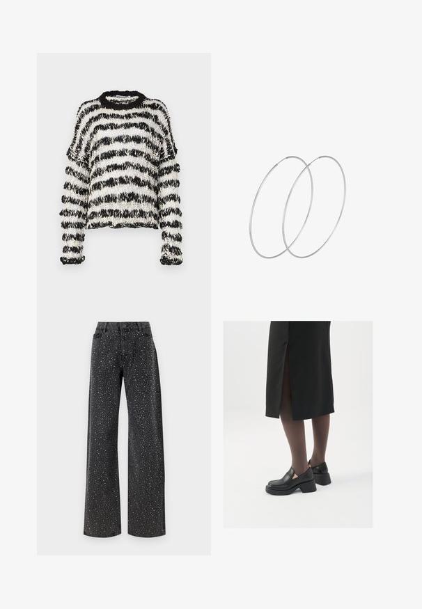 The Ragged Priest Jumper - black/white; Noisy May NMJANNEL LOOSE - Relaxed fit jeans - black denim; Black leather shoes with a rounded toe, thick block heel, and elastic side accents, paired with dark tights and a black skirt with a slit.; Silver hoop earrings with a minimalist design. Circular shape, smooth texture, and thin profile. Lightweight with a polished finish.