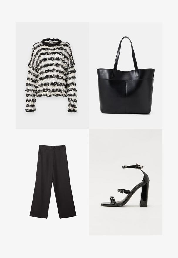 The Ragged Priest Neule - black/white; Mustat leveälahkeiset housut, jotka on valmistettu sileästä kankaasta. Niissä on edessä vetoketju ja kaksi sivutaskua, ja niiden muotoilu on räätälöity ja minimalistinen.; Musta kiiltäväpintainen korkokengät, joissa on kaksi solkikiinnitystä, neliönmuotoinen kärki ja paksu korko, sileällä, kiiltävällä pintarakenteella.; Musta nahkainen kassi, jossa on kaksi pitkää kahvaa, sileä pinta ja jämäkkä muoto. Sisältää etutaskun lisävarastointia varten.