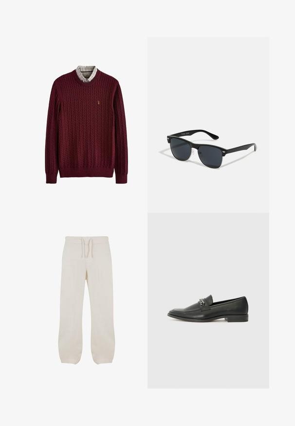 Pull en maille torsadée bordeaux avec un col ras du cou côtelé, présentant un col à carreaux en dessous et un petit logo sur la poitrine.; Pantalons en lin beige clair avec une taille élastique et un cordon de serrage. Design à jambe droite avec une texture lisse et un léger rétrécissement aux chevilles.; Mocassin en cuir noir avec une finition lisse, présentant un design cousu et une accent décoratif en chaîne métallique sur le rand. Talon plat.; Lunettes de soleil noires de forme rectangulaire, verres foncés, accents argentés aux tempes et finition mate sur la monture.