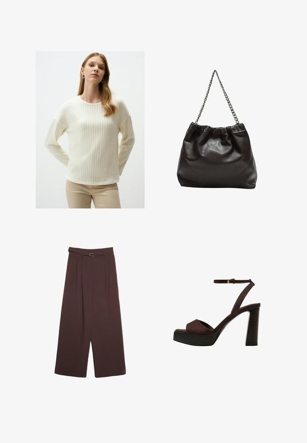 Jimmy Key PATTERNED - Strickpullover - ecru; Stradivarius WIDE-LEG WITH BUCKLE DETAIL - Stoffhose - dark brown; Braune Wildleder-Pumps mit offenem Zeh, verstellbarem Knöchelriemen und gestreiftem Plateausohlen.; Braune Lederhandtasche mit gerafftem Oberteil und Kettenriemen. Glatte Textur mit glänzendem Finish und subtilen Nahtdetails an den Seiten.
