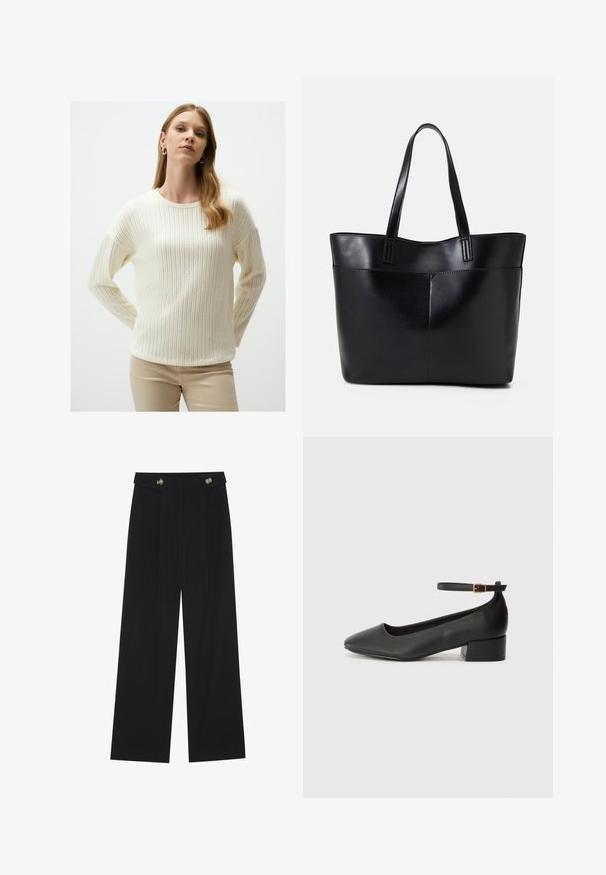 Jimmy Key PATTERNED - Pullover - ecru; Pantalons larges noirs à taille haute, avec des détails de boutons à la taille et des plis sur le devant.; Escarpin en cuir noir avec un bout pointu et un petit talon bloc. Doté d'une bride de cheville avec une boucle dorée. Texture lisse.; Sac fourre-tout en cuir noir avec deux longues poignées, une texture lisse et une forme structurée. Dispose d'une poche avant pour un rangement supplémentaire.