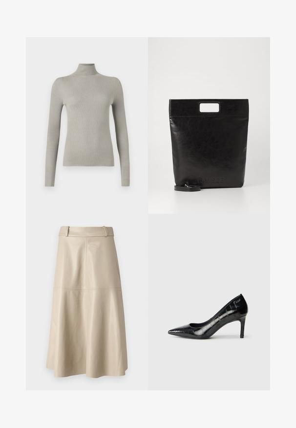 Light gray, ribbed turtleneck sweater with long sleeves. Soft texture, fitted design, featuring a high neck and seamless finish.; Beige leather midi skirt with a smooth texture, wide waistband, and flared hem; features stitched seams for added detail.; Black pointed-toe high heels with a glossy finish and subtle textured pattern. Features a moderate heel and open throat design.; Black leather tote bag with a square handle, featuring a textured finish and embossed logo. Includes a detachable strap.