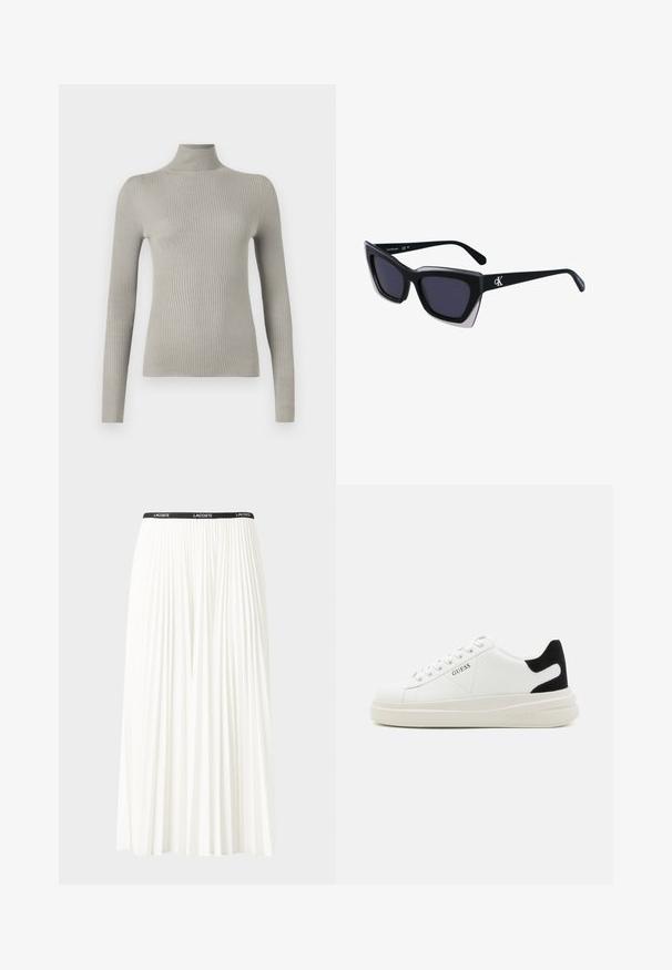 Jasnoszary, prążkowany sweter z golfem i długimi rękawami. Miękka tekstura, dopasowany krój, z wysokim kołnierzem i bezszwowym wykończeniem.; Plisowana biała spódnica z czarnym elastycznym pasem z logo "LACOSTE". Średniej długości, o miękkiej teksturze.; Białe skórzane sneakersy z grubą białą podeszwą, czarnym zamszowym akcentem na pięcie oraz wytłoczonym logotypem z boku. Projekt z sznurówkami i sześcioma dziurkami.; Czarne, oversize okulary przeciwsłoneczne o geometrycznym kształcie, z ciemnymi soczewkami i kontrastującym szarym detalem na oprawie. Logo na ramieniu.