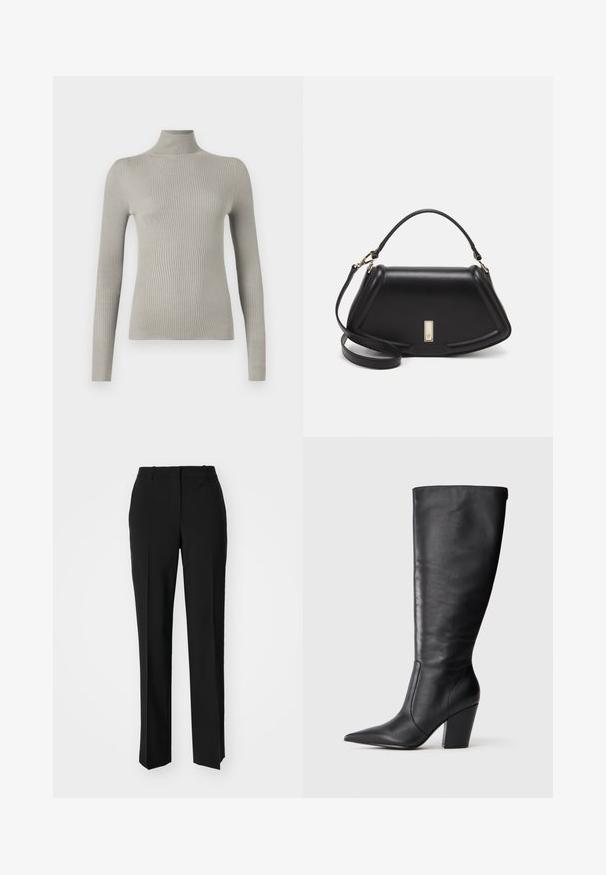 Maglione a collo alto grigio chiaro a coste con maniche lunghe. Texture morbida, design aderente, con collo alto e finitura senza cuciture.; Pantaloni neri su misura con un design a gamba dritta, caratterizzati da una texture liscia e pieghe ben definite sul davanti. Senza hardware visibile.; Stivale in pelle nera al ginocchio con punta affilata e tacco alto spesso, mostrato in profilo laterale sinistro su sfondo bianco.; Borsa a mano in pelle nera con un design strutturato, caratterizzata da una forma corta, manico superiore e accessori in metallo dorato. Inclusa tracolla regolabile.