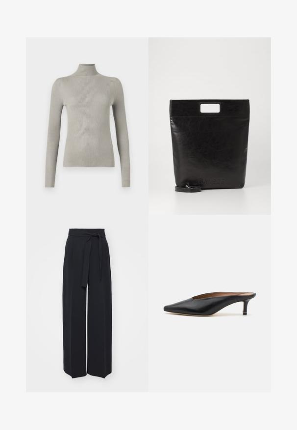 Pull à col roulé côtelé gris clair avec des manches longues. Texture douce, design ajusté, doté d'un col haut et d'une finition sans couture.; Pantalons noirs à jambes larges en tissu doux. Dotés d'une taille ceinturée et de plis avant. Texture lisse avec un design épuré et contemporain.; Mules en cuir noir avec un bout pointu et un petit talon carré. Texture lisse avec un design épuré. Dos ouvert avec un minimum de détails.; Sac fourre-tout en cuir noir avec une poignée carrée, arborant une finition texturée et un logo en relief. Comprend une bandoulière amovible.