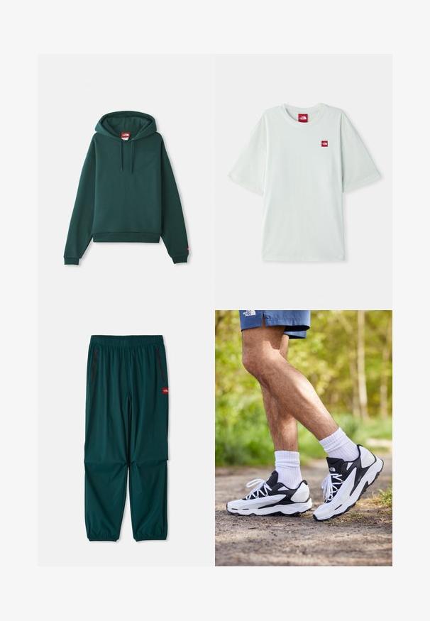 Zeleni kapučen sweatshirt, izdelan iz mehke tkanine, z kenguru žepom, rebrastimi manšetami in oznako logotipa na izrezu vratu.; Svetlozeleni kratkotrajni majica z izvlečenimi rukavi, izdelana iz mehke bombažne tkanine, z majhno rdečo oznako na levem prsnem delu. Ohlapen kroj in okrogla izrez.; Zunanje hlače v temno turkizni barvi, z elastičnim pasom, dvema žepoma z zadrgo na straneh in elastičnimi manšetami na gležnjih. Lahka tkanina.; Črne in bele športne čevlje z mrežnim zgornjim delom, teksturiranimi poudarki in belimi vezalkami. Nosi se z belimi nogavicami do gležnjev in mornarskimi kratkimi hlačami na poti.