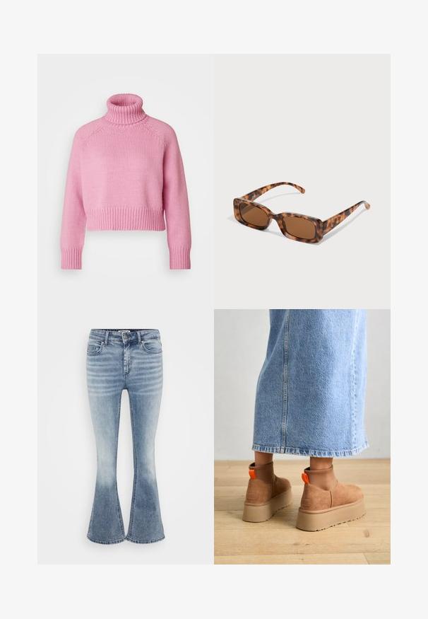 Vero Moda Petite VMMIRANDA - Jumper - fuchsia pink; Even&Odd Petite 3 PACK - Long sleeved top - black/white/light green; Light blue flared jeans made of denim, featuring a classic five-pocket design, front zip closure, and subtle fading along the thighs.; Brown suede platform boots with elastic side panels and orange pull tabs, paired with a knee-length light denim skirt on a wooden floor.; Tortoiseshell sunglasses with rectangular brown lenses, a thick frame, and slim arms featuring a pattern of varying shades of brown.; Silver metal hoop earrings with a brushed texture, featuring a circular design and a clear post back for secure wear.