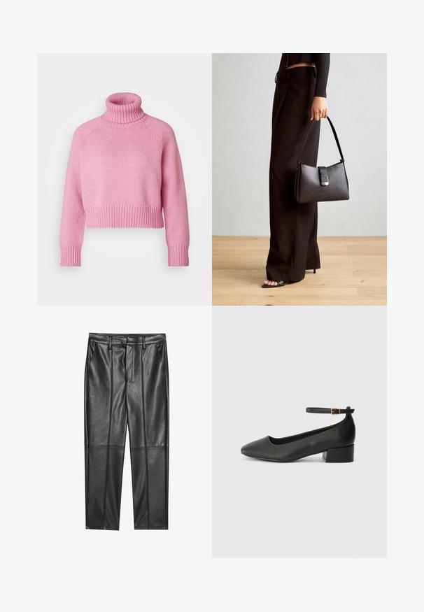 Vero Moda Petite VMMIRANDA - Pulover - fuchsia pink; Pantaloni din piele neagră cu o textură netedă, având o croială dreaptă, două buzunare frontale și detalii vizibile ale cusăturilor.; Pantof cu toc negru din piele, cu vârf ascuțit și toc mic pătrat. Dispune de o curea la gleznă cu o cataramă în tonuri de aur. Textură netedă.; Genți negre cu o formă structurată, textură netedă și un închizător metalic. Asortată cu pantaloni negri largi și sandale cu vârf deschis pe un podea din lemn.