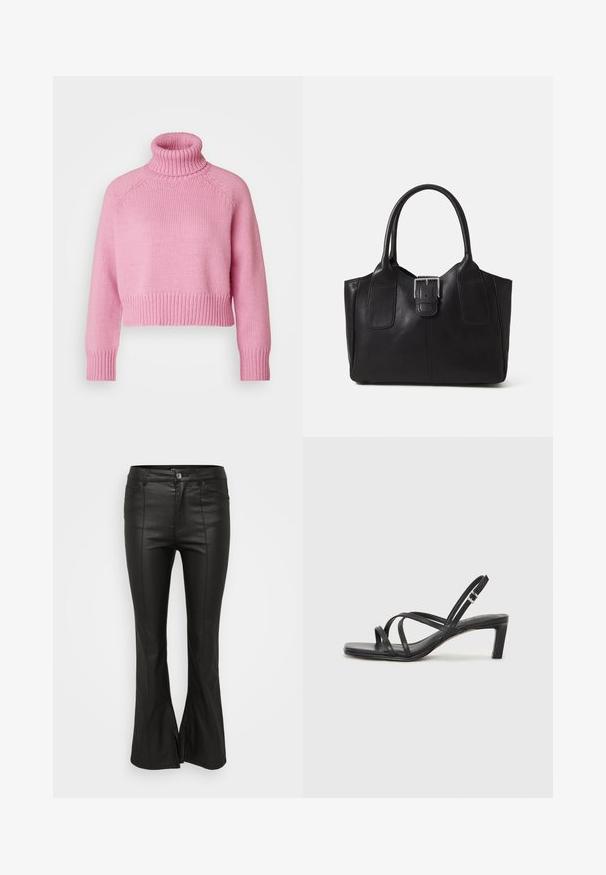 Vero Moda Petite VMMIRANDA - Pulóver - fuchsia pink; Fekete, bővülő nadrág fényes, bőrdzseki-szerű textúrával, elülső zsebekkel, gombos záródással és oldalsó hasítékokkal az alján.; Fekete pántos szandál négyzetes orral és alacsony blokk sarkal. Több vékony pánttal és állítható boka pánttal rendelkezik. Sima bőrből készült.; Fekete bőr bevásárlótáska sima textúrával, strukturált formával, két fogantyúval és egy figyelemfelkeltő ezüst csattal az elején.