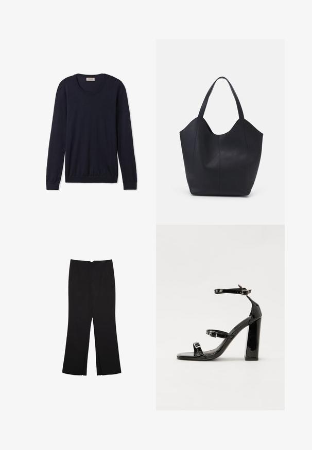 Marineblå langærmet crewneck sweater lavet af blødt materiale med ribbede manchetter og kant, der har en klassisk pasform og minimal udsmykning.; Sorte bukser med lige pasform, der har frontlommer og slidser i kanten. Lavet af blødt, glat stof. Velegnet til forskellige anledninger.; Sorte patenterede hælsandaler med firkantet tå, ankelremme og sølvspænder. Har en chunky blokHæl for stabilitet.; Sort tote taske lavet af glat læder, med en buet, åben top, to skulderstropper og et minimalistisk design.