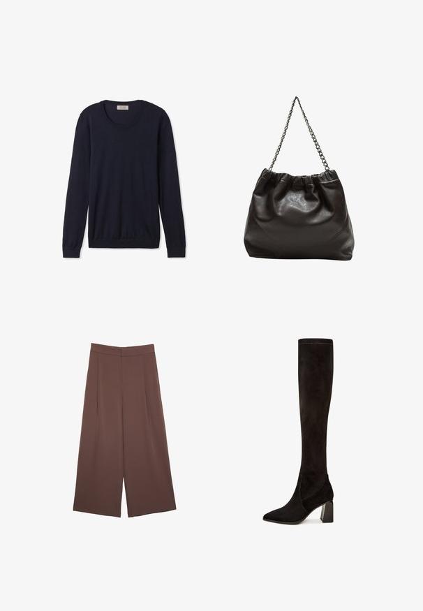 Marineblå langærmet crewneck sweater lavet af blødt materiale med ribbede manchetter og kant, der har en klassisk pasform og minimal udsmykning.; Brune bredbunde bukser med en glat tekstur, der har høj talje og plisseringer foran. Stoffet er let og falder løst.; Sorte ruskind over-knæ støvler med spids tå, der har en firkantet blokhæl og en glat tekstur. Designet inkluderer minimale syninger.; Brun lædertaske med en rynket top og en kædestrop. Glat tekstur med en blank finish og subtile sømdetaljer på siderne.