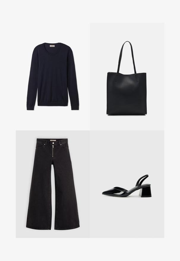 Marineblå langærmet crewneck sweater lavet af blødt materiale med ribbede manchetter og kant, der har en klassisk pasform og minimal udsmykning.; Vide ben jeans i sort denim med lynlås foran, fem lomme-design og subtile stikninger. Glat tekstur og afslappet stil.; Sorte patentlæder slingback hæle med spids tå og en geometrisk blok hæl. Har et elegant, minimalistisk design og en glat tekstur.; Sort læder tote taske med glat tekstur, rektangulær form og to lange hanke. Ingen synlig hardware eller udsmykninger.
