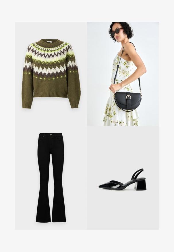 JDY JDYKINSLEY FAIR ISLE - Camisola - winter moss; Jeans pretos de cintura alta com fecho de botão e zíper, bolsos frontais e pernas largas dispostos em cima de um fundo branco.; Sandy em verniz preto com salto slingback, ponta afilada e salto geométrico. Apresenta um design elegante e minimalista com textura suave.; Bolsa de couro preta com forma curva, alça destacável e detalhes em dourado. A bolsa possui uma aba com detalhe de fivela.