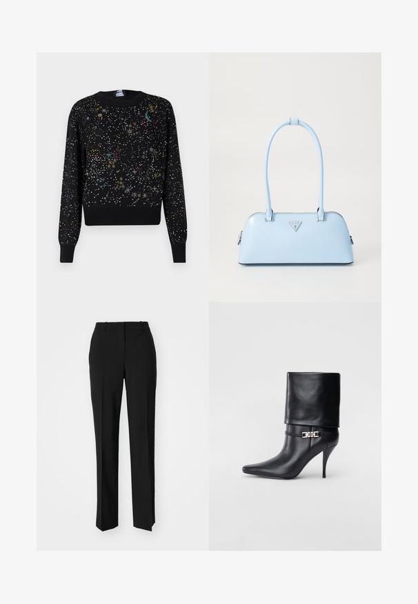 Svart tröja med ett stjärnliknande mönster av flerfärgade prickar och broderade mönster, med ribbade manschetter och midja.; Svarta skräddarsydda byxor med rak benform, med en slät yta och skarpa veck fram. Ingen synlig hårdvara.; Svart läderankelstövel med spetsig tå, hög stilettklack, vikbar mudd och ett dekorativt guldfärgat spänne på ankeln.; Ljusblå handväska med en strukturerad form, slät lädermaterial, två handtag och en triangulär logotyp framtill. Dragkedjestängning.