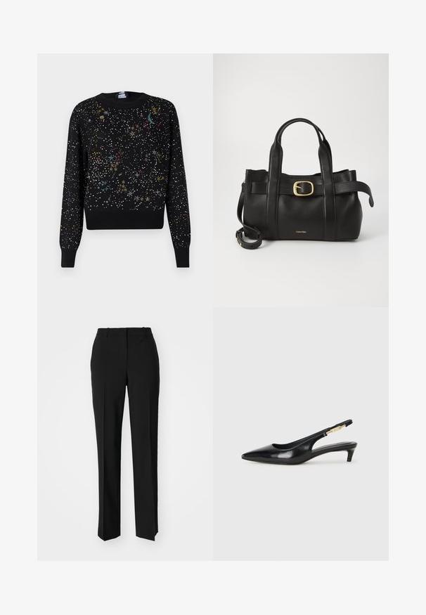 Black sweater featuring a starry pattern of multicolored dots and stitched designs, with ribbed cuffs and waistband.; Black tailored trousers with a straight-leg design, featuring a smooth texture and crisp creases along the front. No visible hardware.; Black leather slingback heels with a pointed toe, featuring a slim heel and a gold-tone accent on the adjustable strap. Smooth texture.; Black leather handbag featuring a structured design, dual top handles, gold-tone buckle accent, and embossed brand logo at the front.