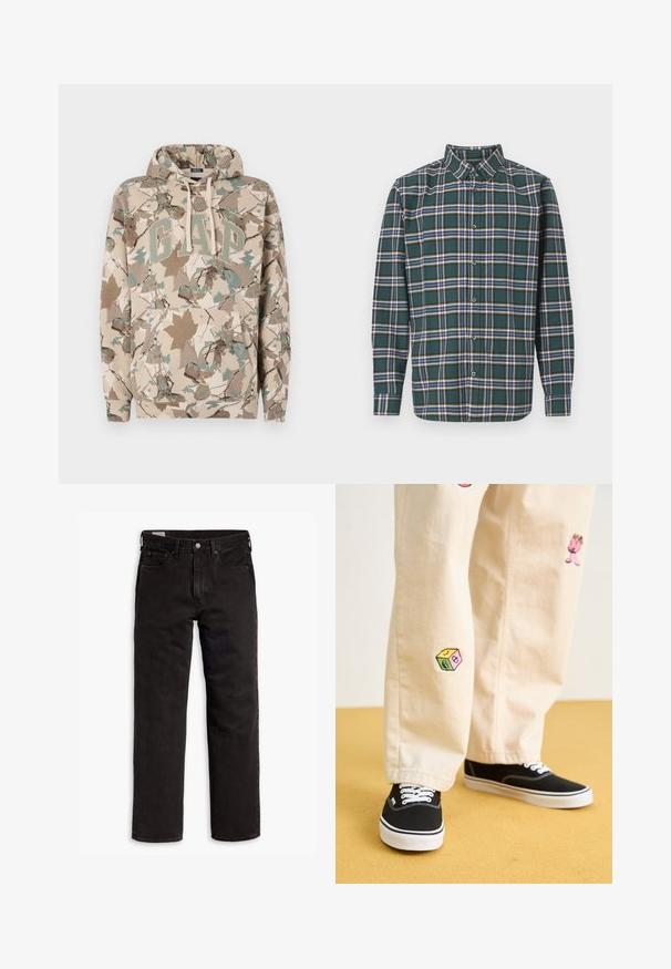 Bežinė džemperis su kamufliažo lapų raštu, turintis didelį žalią "GAP" logotipą ir priekinę kišenę. Pagamintas iš minkšto, tekstūruoto audinio.; Žalias flanelinis marškinis, puoštas plaidiniu raštu su mėlynomis, baltomis ir garstyčių geltonumo linijomis. Mygtukais užsegama priekinė dalis ir smailas apykaklė. Ilgos rankovės.; Juodos tiesios kojų džinsinės kelnės su penkiomis kišenėmis, mygtuko užsegimu ir diržo kilpomis, išdėstytos plokščiai ant balto fono.; Bežinės medvilninės kelnės su žaismingais siuvinėjimais, įskaitant rožinį personažą ir spalvotą bloką, derinamos su juodais bateliais su raišteliais.