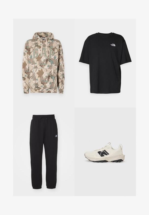 Haut à capuche beige avec un motif de feuilles en camouflage, arborant un grand logo "GAP" en vert et une poche avant. Fabriqué en tissu doux et texturé.; T-shirt en coton noir avec un col rond et des manches courtes. Présente un logo blanc sur la poitrine gauche. Coupe simple et décontractée.; Pantalons de survêtement noirs en tissu doux, dotés d'une taille élastique avec cordon de serrage, de chevilles resserrées et d'un petit logo sur la cuisse supérieure.; Baskets beige clair avec tige en mesh, logo noir et semelle texturée. Accentué par un motif géométrique sur la semelle intermédiaire.