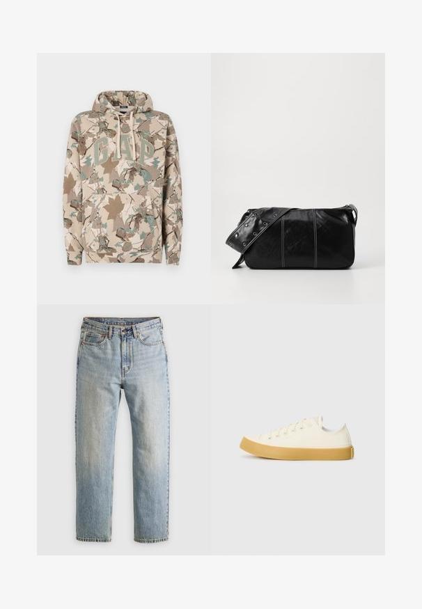 Beige Kapuzenpullover mit einem Camouflage-Blattmuster, versehen mit einem großen "GAP"-Logo in Grün und einer Fronttasche. Hergestellt aus weichem, strukturiertem Stoff.; Helle blaue Jeans mit hoher Taille, Frontknopf, Reißverschluss und fünf Taschen-Design, flach auf einem neutralen Hintergrund ausgelegt.; Leinensneaker in Off-White mit runder Zehenpartie, ausgestattet mit beigen Gummisohlen und fünf Ösen für Schnürsenkel, mit strukturiertem Finish auf dem Obermaterial.; Schwarze Leder Schultertasche mit Reißverschluss, ausgestattet mit einer strukturierten Oberfläche, weißen Nähten und einem Tragegurt mit silbernen Ösen.
