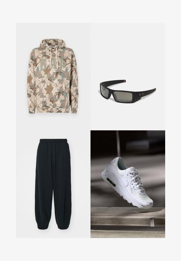 Haut à capuche beige avec un motif de feuilles en camouflage, arborant un grand logo "GAP" en vert et une poche avant. Fabriqué en tissu doux et texturé.; Pantalons de survêtement noirs avec taille élastiquée, coupe ample, chevilles côtelées, texture lisse et sans motifs ni accents matériels visibles.; Sneaker Nike Air Max 90 blanche avec une tige en mesh et cuir, une boîte à orteils perforée et une unité air visible au talon.; Lunettes de soleil noires avec une finition mate, verres rectangulaires, légère courbure sur les branches, détail de logo subtil et verres teintés fumés.